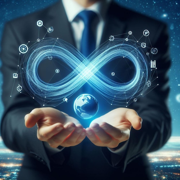 Businessman holding virtual infinity symbolizing connection to community metaverse world network system