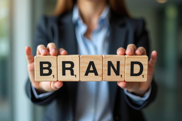 Businessman holding a wooden block with the word Brand Business concept