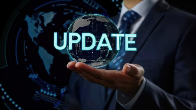 Businessman holding the word update on dark background