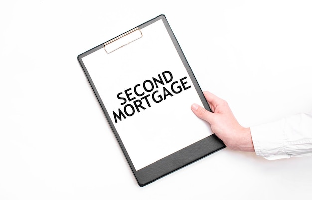 A businessman holds a folder with paper sheet with the text SECOND MORTGAGE Business concept