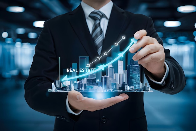 Businessman holds holographic city skyline graph with REAL ESTATE connected to upward arrow