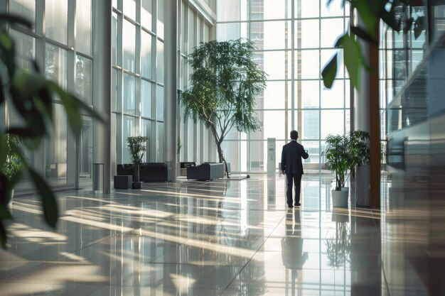 Businessman inside office building talking on mobile phone