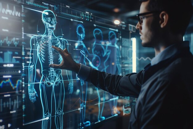 Businessman Interacting with holographic human body scan