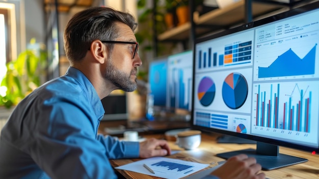 A businessman is analyzing graphs and charts on a computer screen