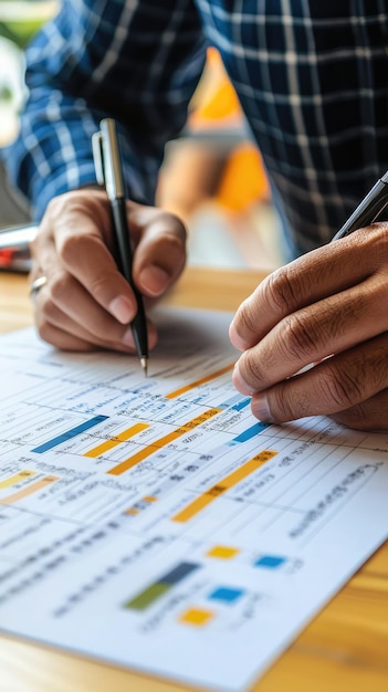 Photo a businessman is focused on working on project timeline using pens to annotate important details on document atmosphere is productive and organized