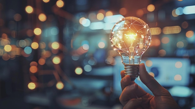 Businessman is holding a light bulb with a network connection inside symbolizing global business ideas