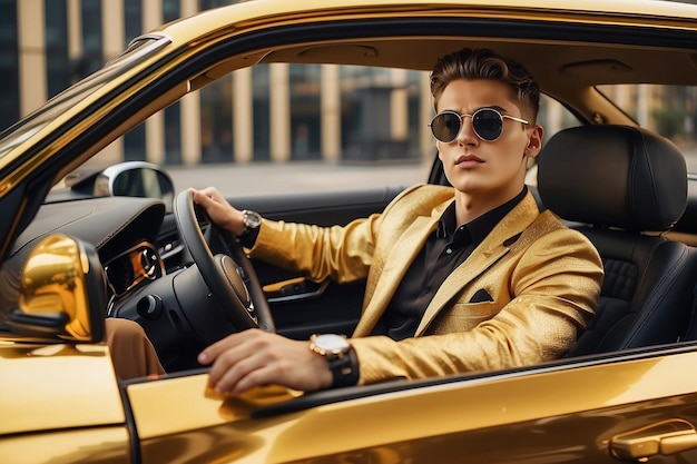 Photo a businessman is sitting in a golden car a man is driving inside a car driver chic man