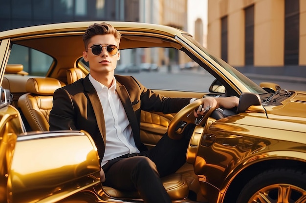 Photo a businessman is sitting in a golden car a man is driving inside a car driver chic man