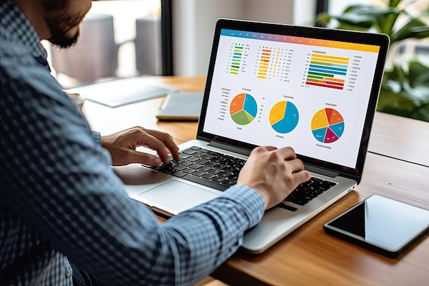 businessman is using laptop in office to see infographics on screen