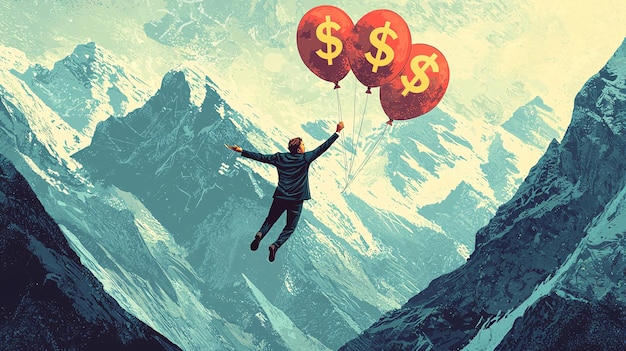 Businessman Joyfully Soaring with Dollar Balloons Over Mountains and Financial Symbols Ke