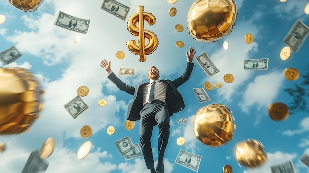 A Businessman Joyfully Soars with Golden Dollar Sign Balloons Amidst Floating Coins and Bi