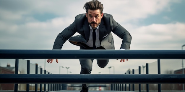 Photo businessman jumps over the barrier overcoming problems generative ai