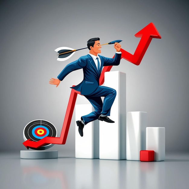 businessman leader holding dart running from rising graph arrow and jump to bullseye target to win in business strategy success