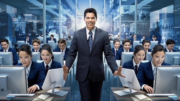 Businessman leader in modern office with businesspeople working