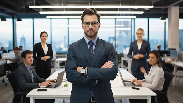 Businessman leader in modern office with businesspeople working