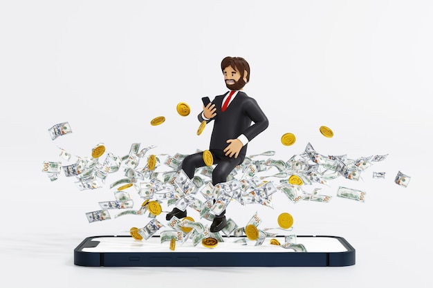 Businessman levitation using smartphone working business with coin and banknote up rising from big smartphone 3D rendering