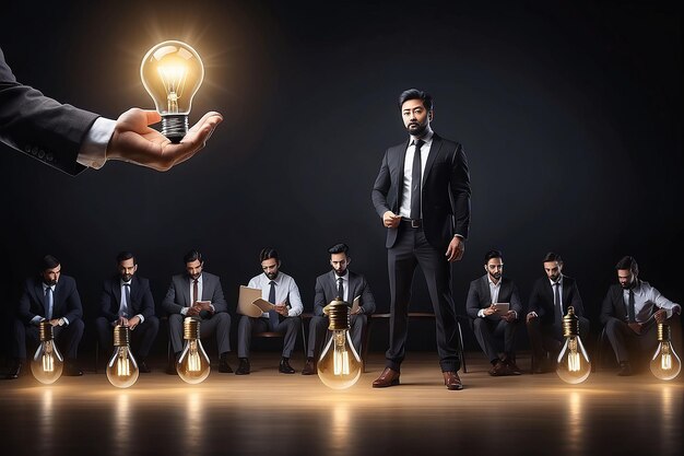 Photo businessman lighting up other businessmen with a lightbulb on stage leadership concept