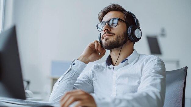 Photo a businessman listening to music through headphones