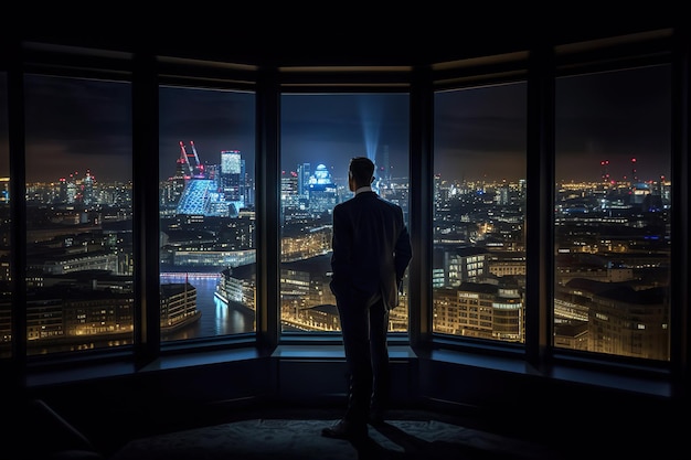 Businessman looking at city through window generative ai