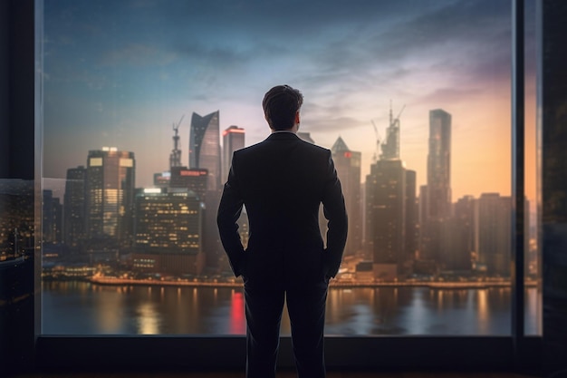 Businessman looking out into city skyline with Generative AI