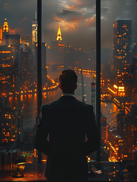 businessman looking out into city skyline