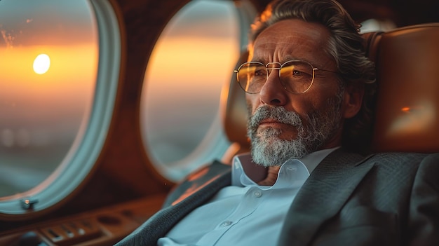 Businessman looking out of window of a private jet