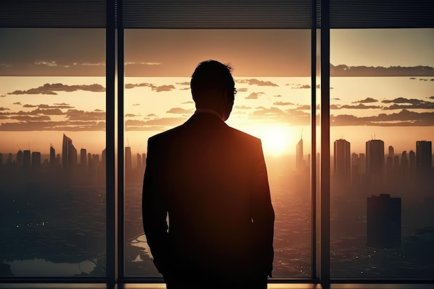 Businessman looking out window sunset concept