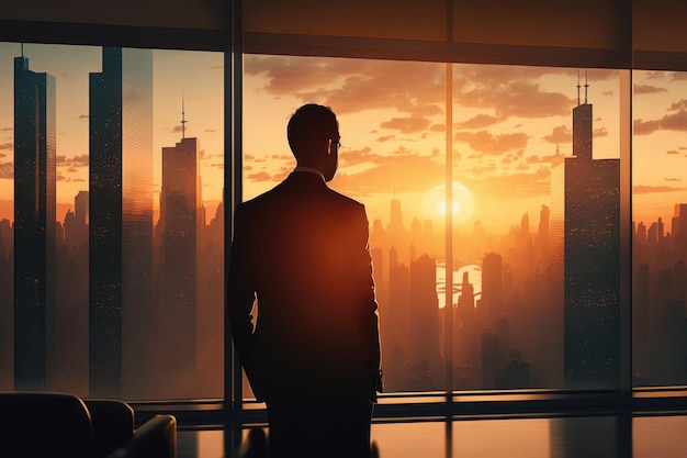 Businessman looking out window sunset concept