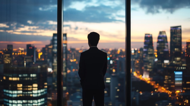 a businessman looking out of a window with a view of a city skyline bustling with activity