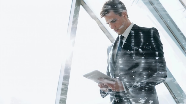 Photo businessman looking at tablet technology and city skyline in background