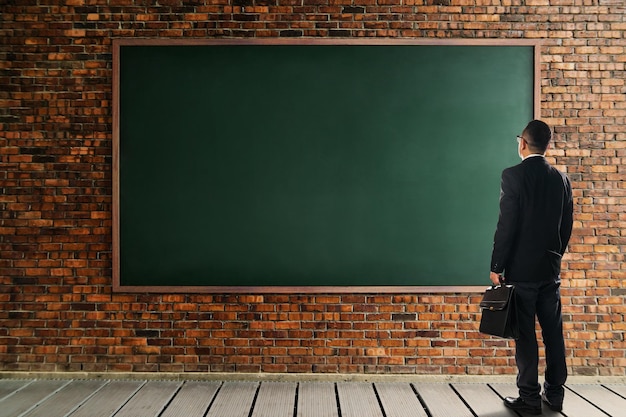 Businessman looking and thinking front of a brick wall with empty chalkboard