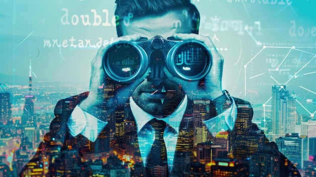 Businessman Looking Through Binoculars at a Cityscape