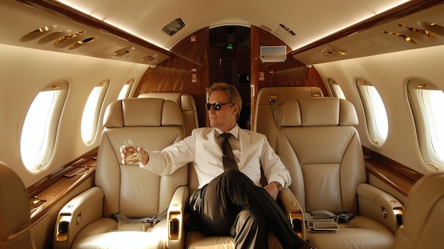 Businessman on luxury private plane Successful enjoy the comfort and luxury of private air travel