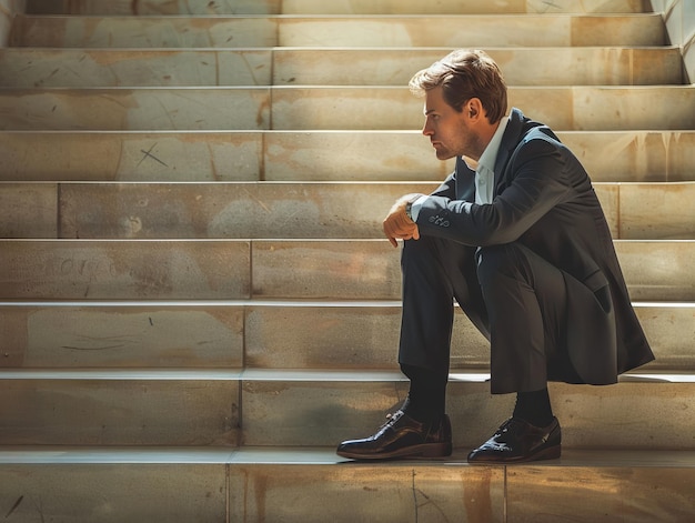 businessman or male employee is sitting pensively on the stairs Concept of stressed employee