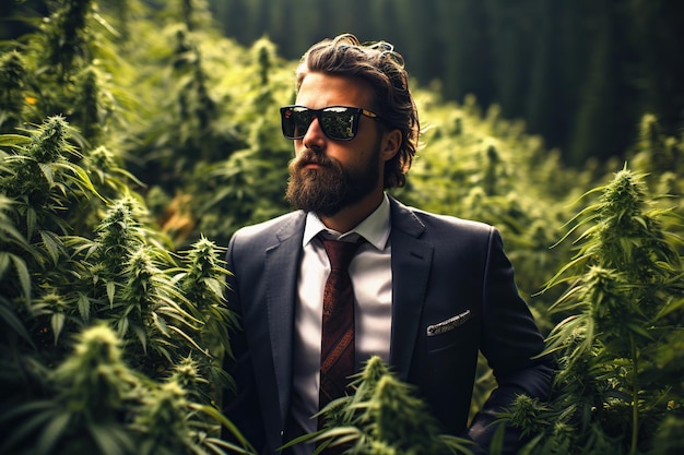 businessman man in a plantation field with marijuana cannabis bushes