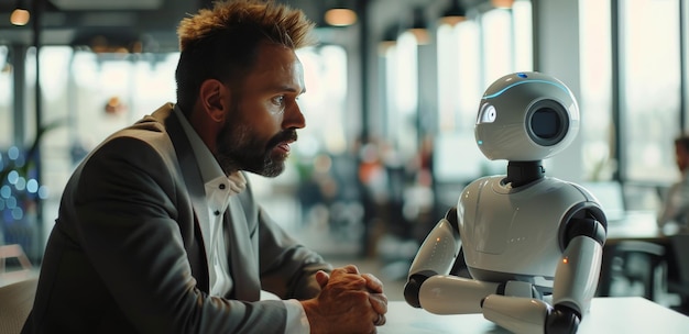 Businessman Meeting With Robot in Office Setting