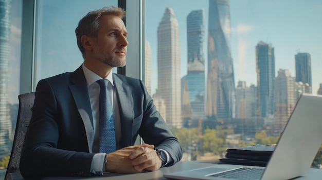 Businessman in Modern Office with City Skyline View