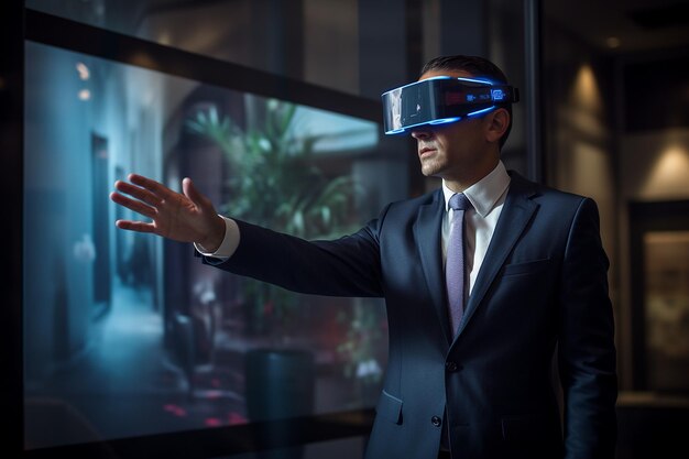 Businessman navigating a virtual reality simulation for training