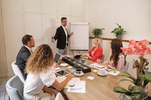 Businessman near flip chart giving presentation to coworkers sitting at conference table in modern workspace