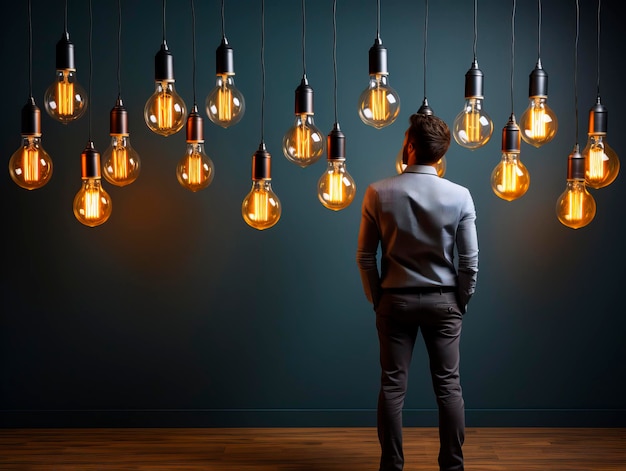 Businessman observing many lightbulbs hanging above idea concept Generative AI