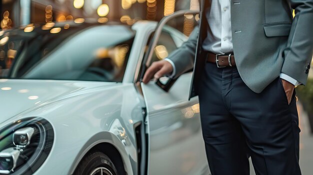 Photo businessman opening car door of luxury white sports car in evening city lights