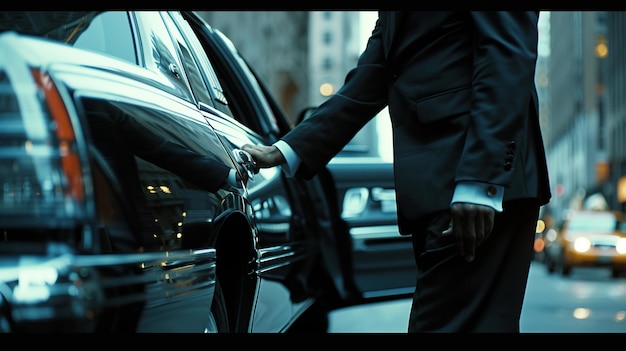 Businessman opening the door of his limousine ready to take you on an epic journey in New York City