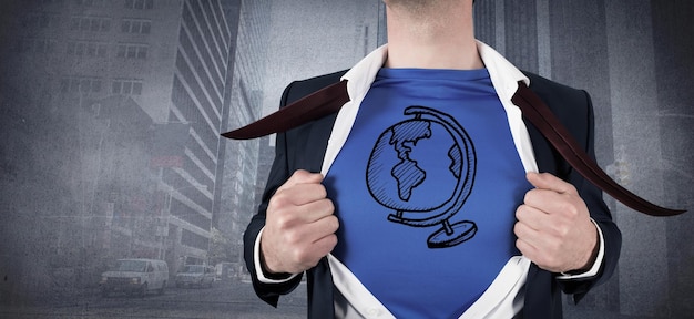 Businessman opening his shirt superhero style against urban projection on wall