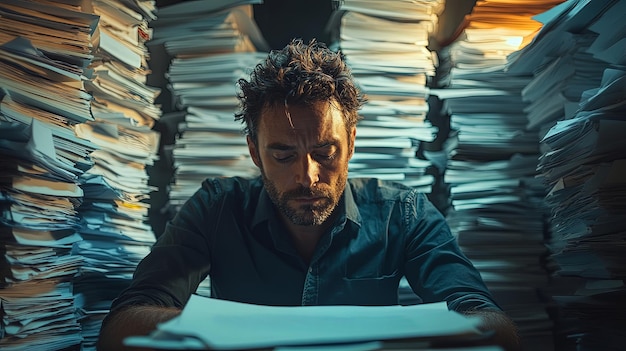 Photo businessman overwhelmed by massive paperwork mountain