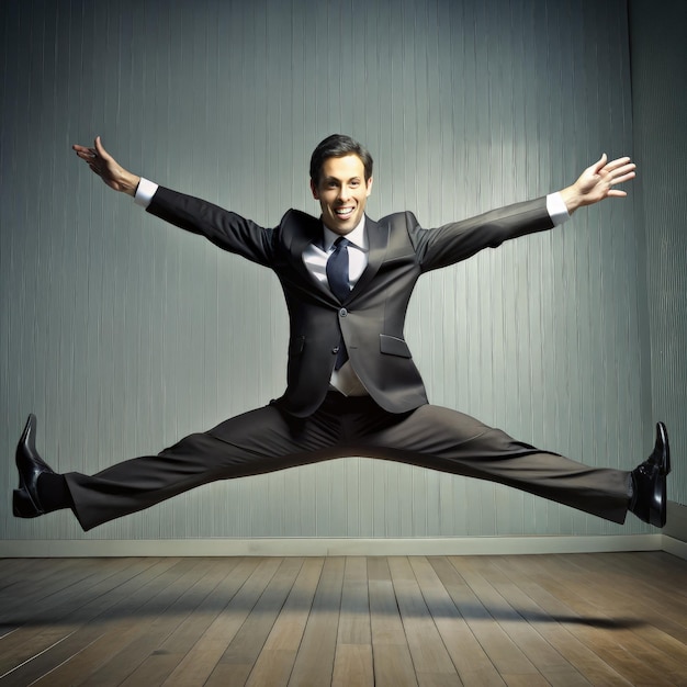 Photo businessman performing full leg splits indoors showcasing flexibility and confidence generative ai