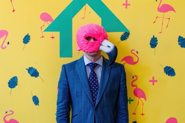 Businessman in pink flamingo mask standing in front of colorful wall for travel and fashion concept