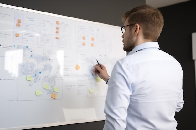 Businessman Planning Strategy on Whiteboard with Sticky Notes