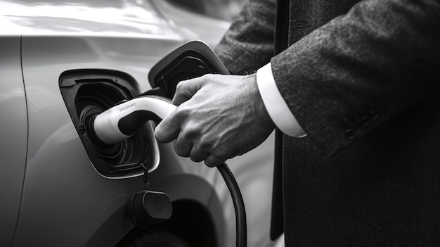 Photo businessman plugging in electric car charger closeup of hands