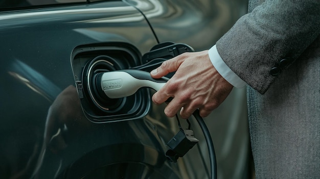 Photo businessman plugging in electric car charger closeup of hands