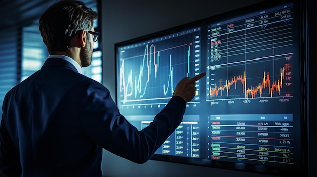 businessman pointing to chart on digital monitor